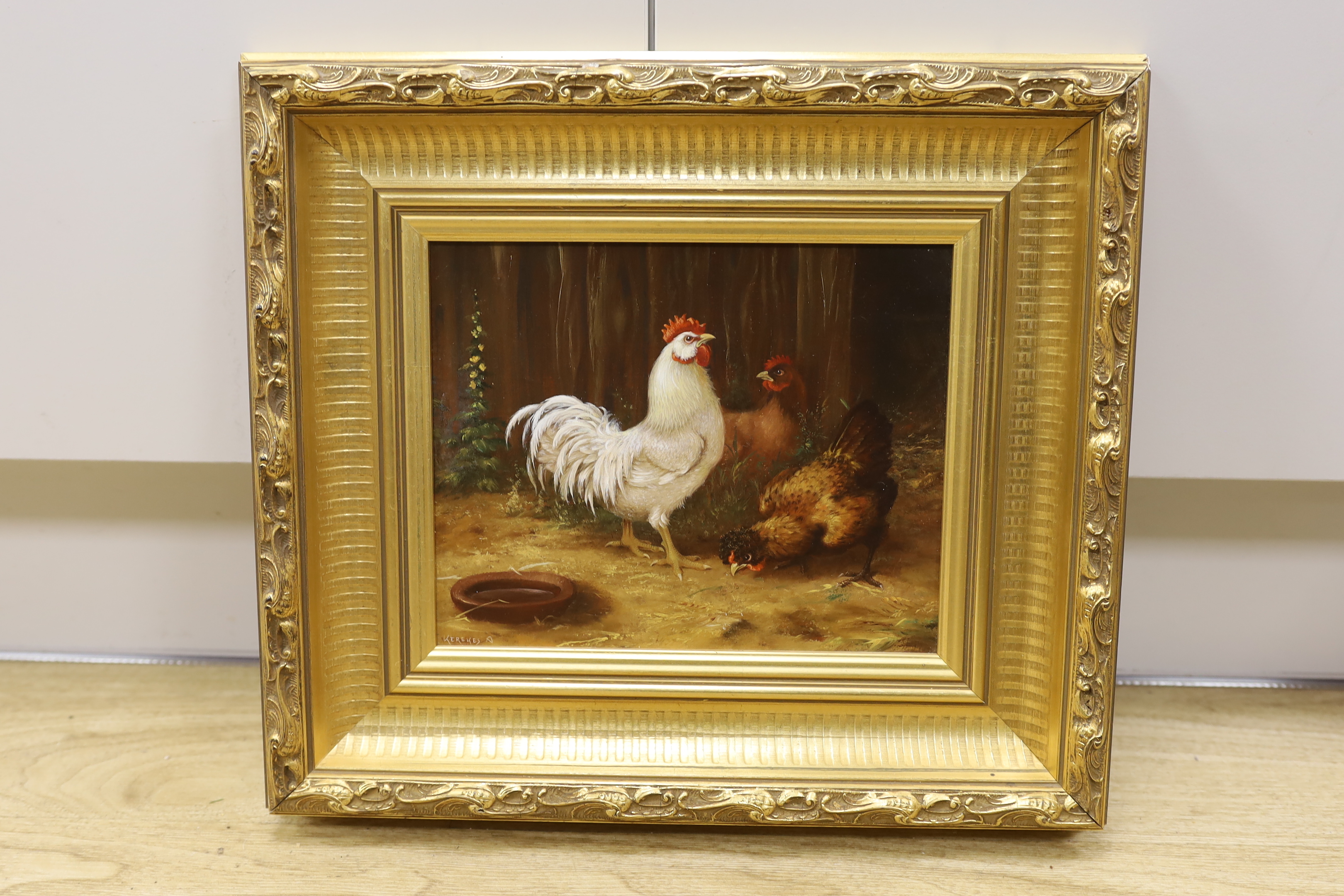 Anna Kerekes (1928), decorative oil on board, Study of chickens, signed, 19 x 23cm, ornate gilt framed